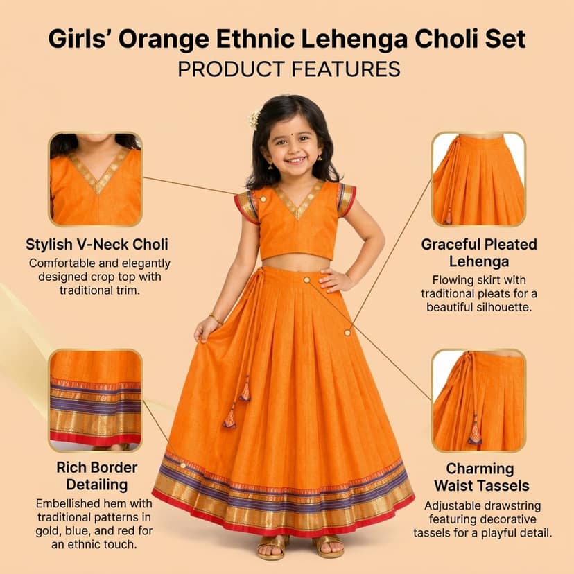 Mom and Me Girls’ Lehenga Choli/Parker Polka/Pattu Pavadai (0 Months–6 Years) | Acrylic Cotton with Soft Cotton Lining | V-Neck, Short Puff Sleeves, Zipper Closure (Yellow, 5-6 Y) view 4