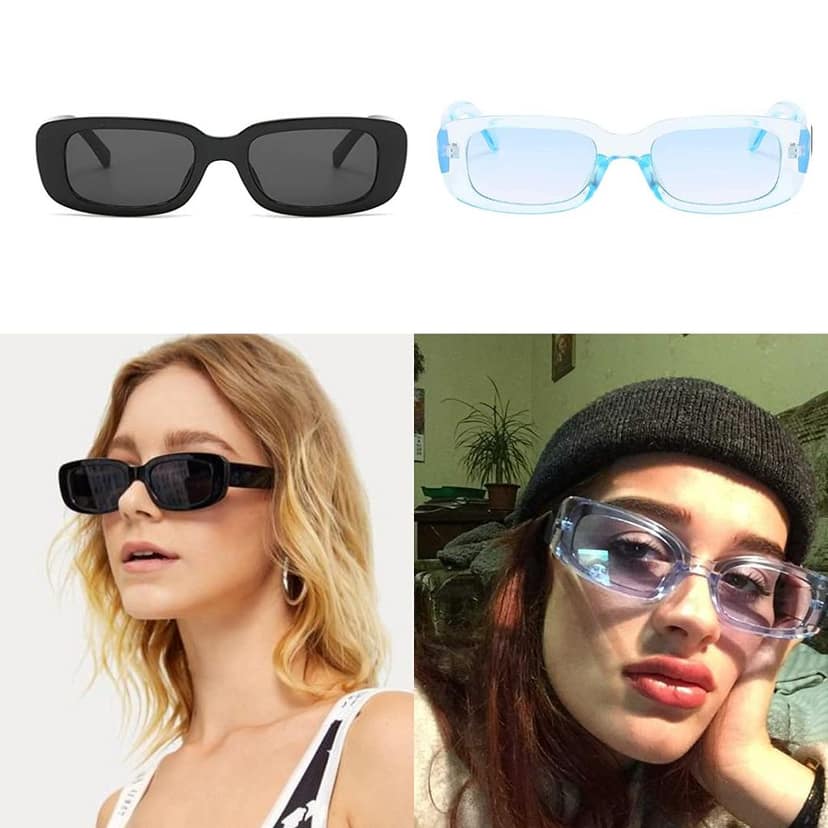 Fancy-Creation Pack Of 2 Rectangle Sunglasses for Women Retro Fashion Sunglasses UV 400 Protection (Size - Medium | Includes Premium Velvet MDF Case, Lens Cleaner (100ML)) (Black & Blue) view 5