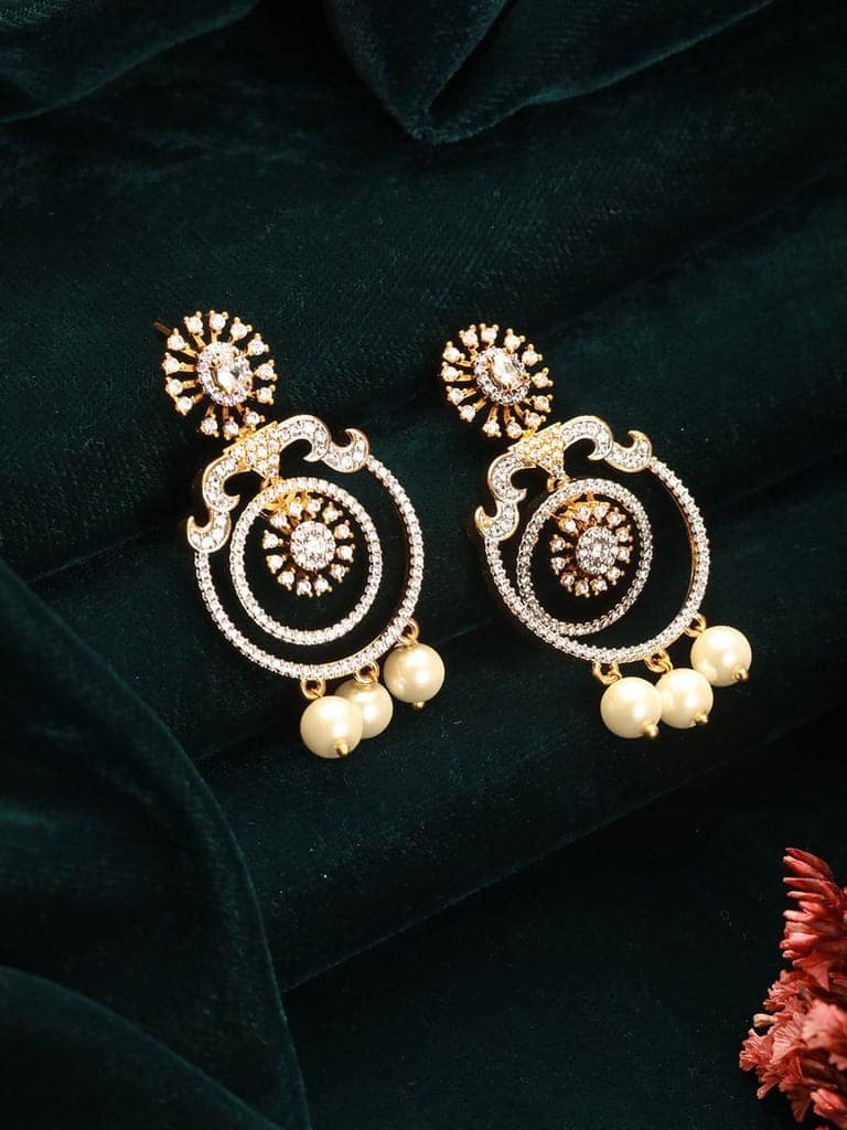 Gold Toned Cubic Zirconia & Pearl Beaded Designer Chandelier Chandbali Drop Earrings view 3