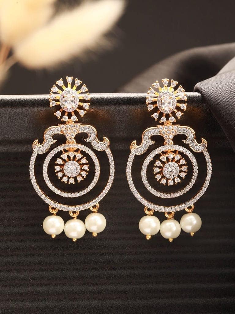 Gold Toned Cubic Zirconia & Pearl Beaded Designer Chandelier Chandbali Drop Earrings view 4