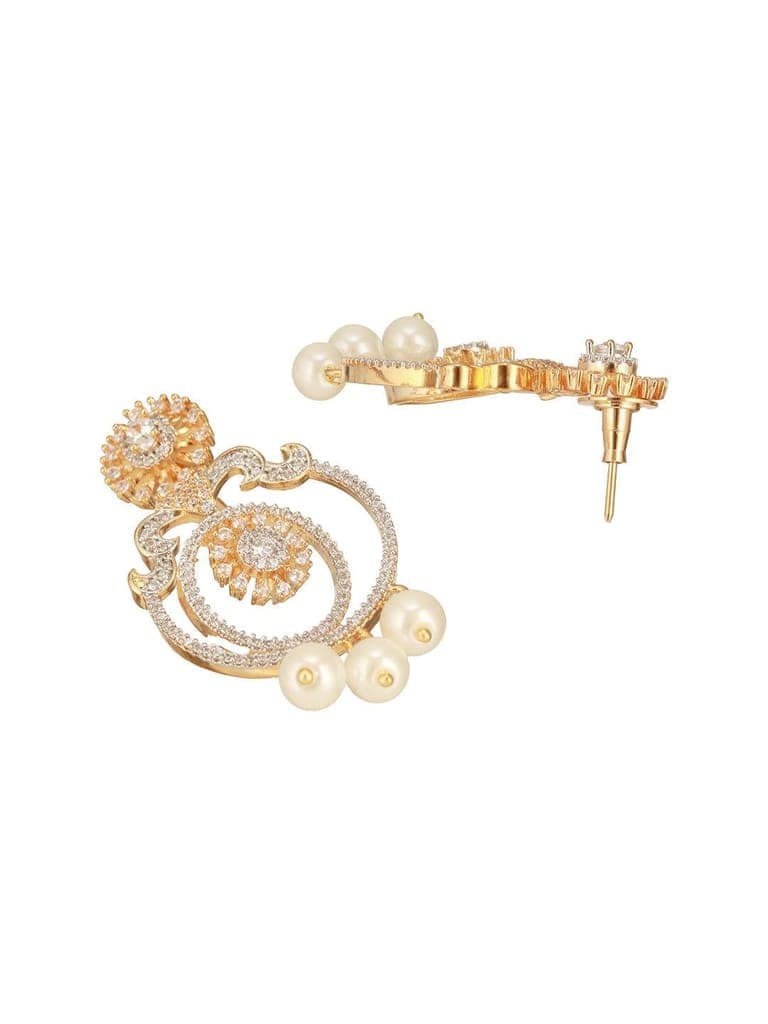 Gold Toned Cubic Zirconia & Pearl Beaded Designer Chandelier Chandbali Drop Earrings view 6