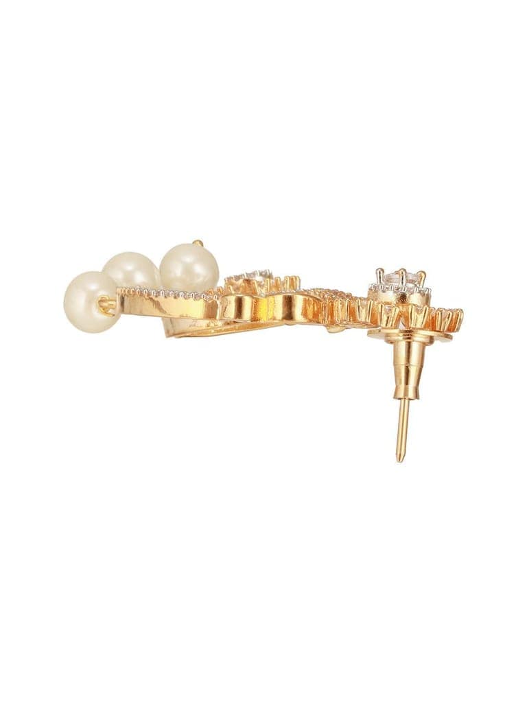 Gold Toned Cubic Zirconia & Pearl Beaded Designer Chandelier Chandbali Drop Earrings view 8