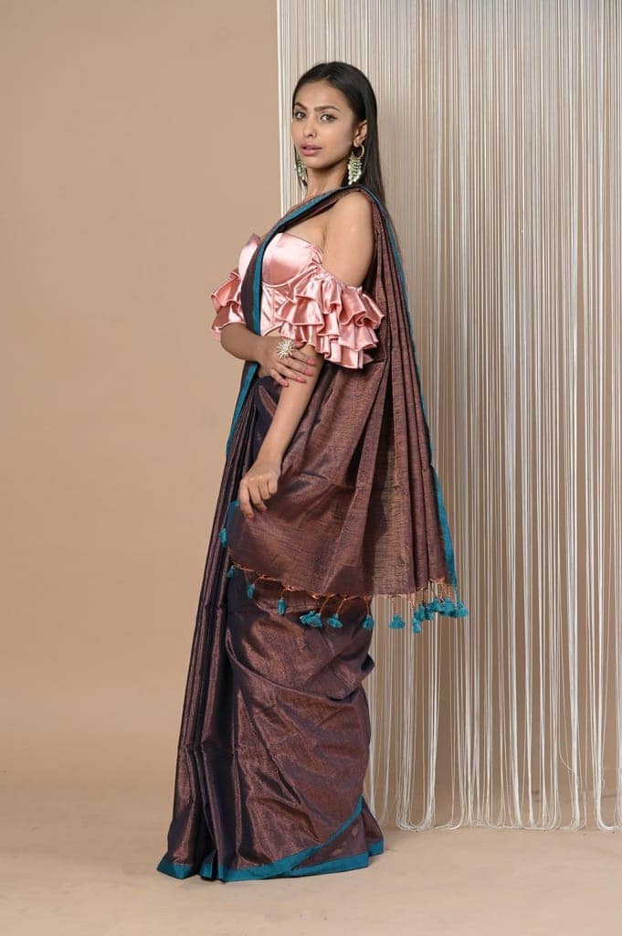 VMI Exclusive! Handloom Woven Cotton Zari Saree with Beautiful Sleek Border ~ Brown view 2