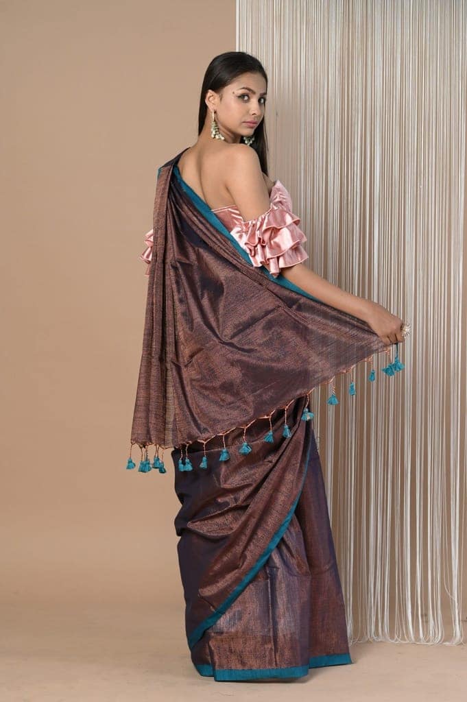 VMI Exclusive! Handloom Woven Cotton Zari Saree with Beautiful Sleek Border ~ Brown view 4