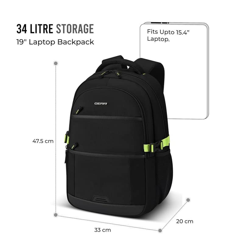 Swift 19"/34L Large Water Resistant Laptop Backpack with Raincover Protection | Travel Backpack | Casual Backpack for Men/Women (Black - Green) view 3