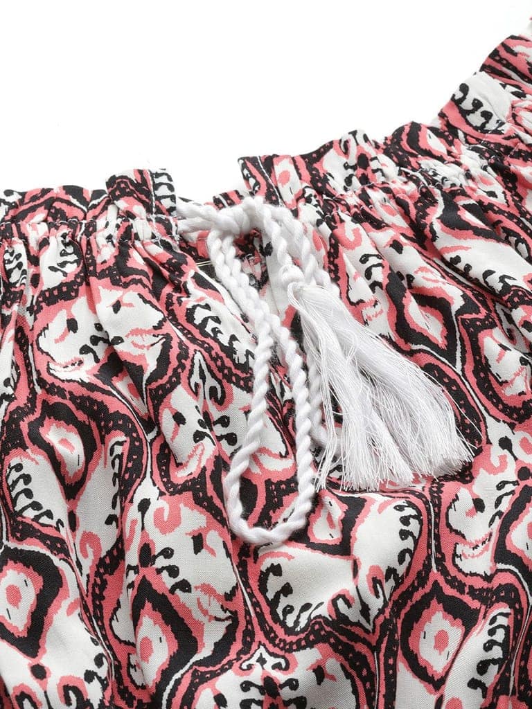 White & Black Printed Off-Shoulder Blouson Crop Top view 5