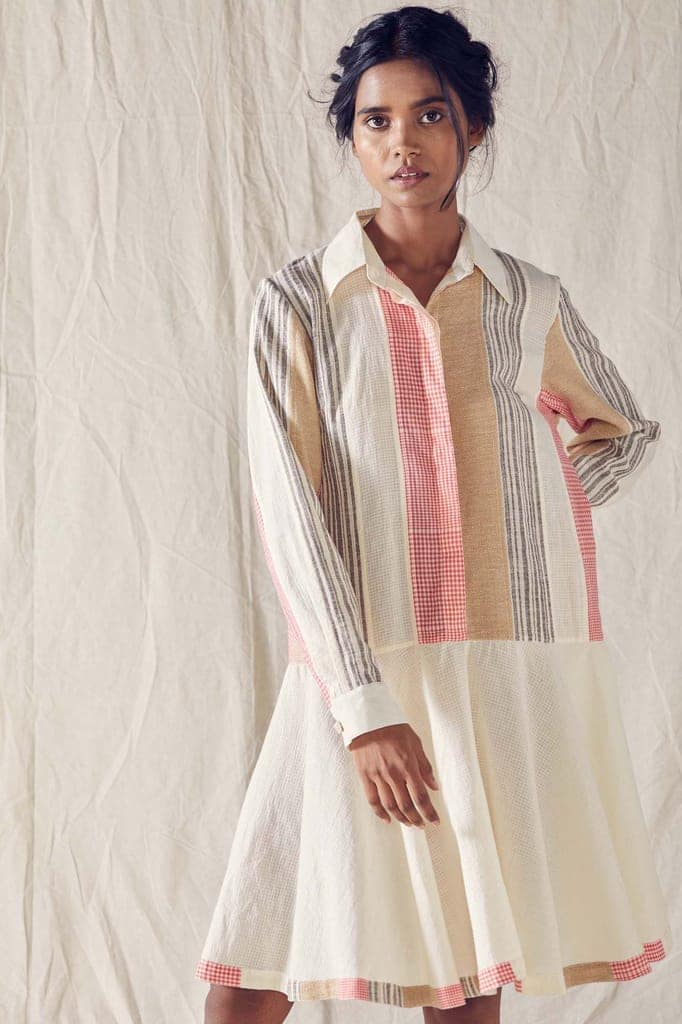 Panelled Shirt Dress With Full Sleeves In Red And Off White Checks Cotton Khadi Mulmul And Organic Cotton view 3