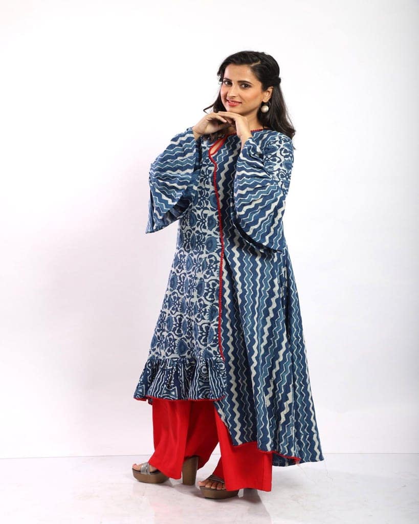 Indigo Angarakha Style Long Cotton Kurti view 3