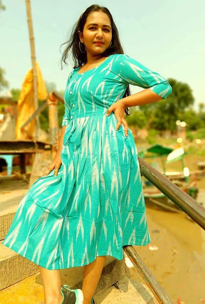 Pure Cotton Ikkat Dress Turquoise Blue Colour (Size XXS(32) to Plus Size(56))-6974 view 2
