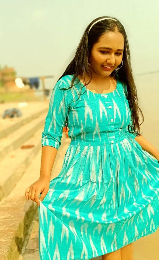 Pure Cotton Ikkat Dress Turquoise Blue Colour (Size XXS(32) to Plus Size(56))-6974 view 4