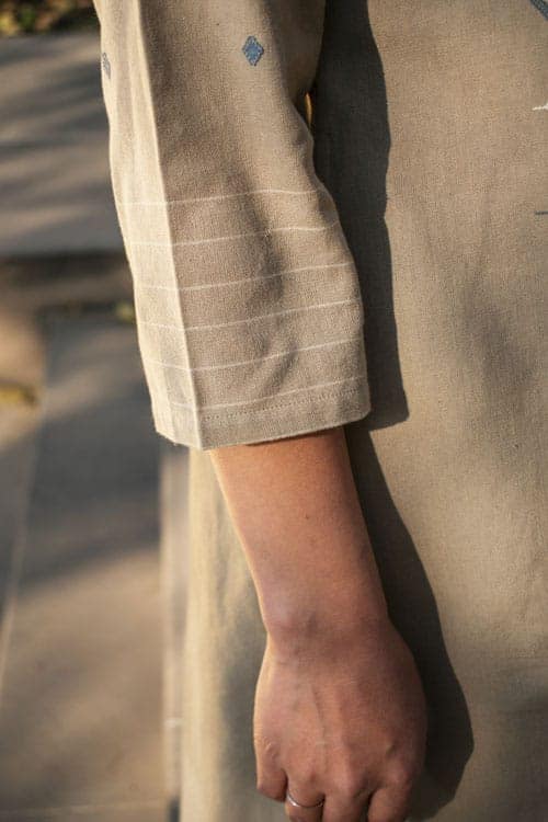 Akriti Beige Handwoven Extra-Weft slit neckline kurta view 4