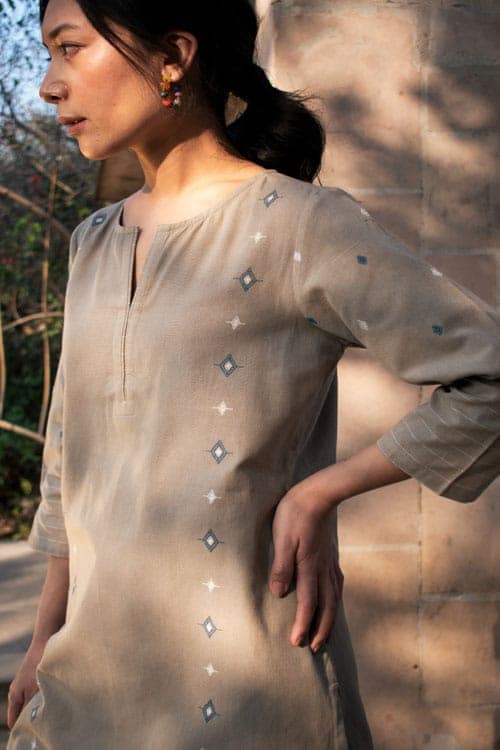 Akriti Beige Handwoven Extra-Weft slit neckline kurta view 5