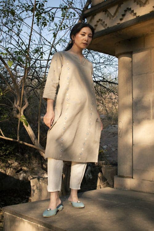Akriti Beige Handwoven Extra-Weft slit neckline kurta view 8