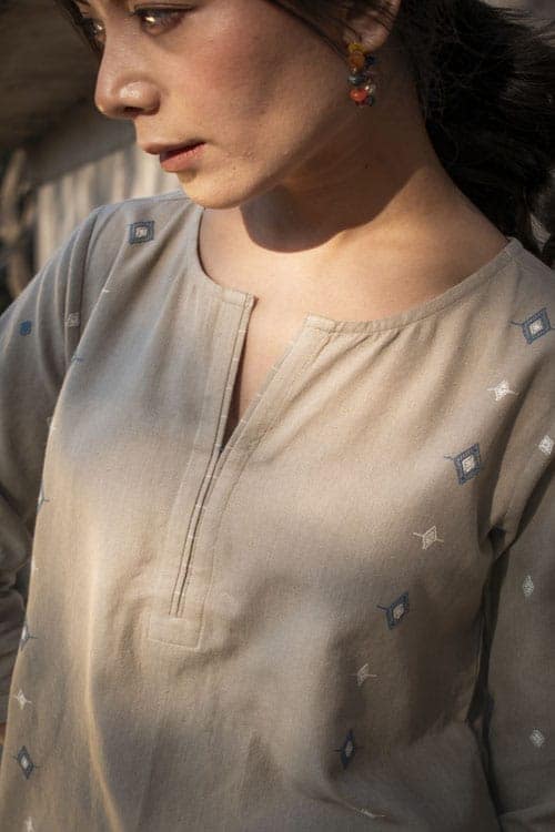 Akriti Beige Handwoven Extra-Weft slit neckline kurta view 9