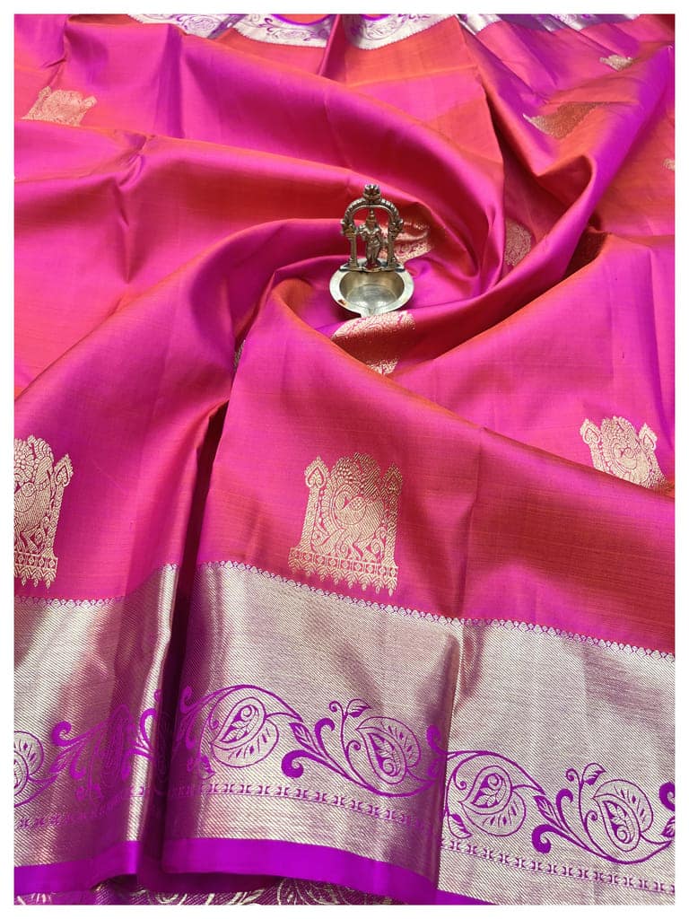 Pink Color Beautiful Peacock Butta Pure Kanjivaram Silk Saree view 3