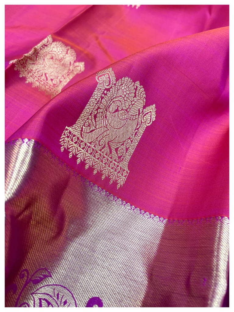 Pink Color Beautiful Peacock Butta Pure Kanjivaram Silk Saree view 5