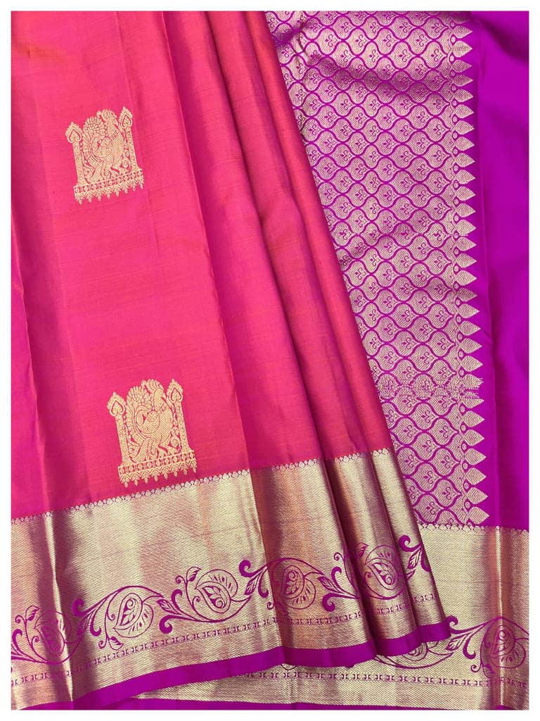 Pink Color Beautiful Peacock Butta Pure Kanjivaram Silk Saree view 6
