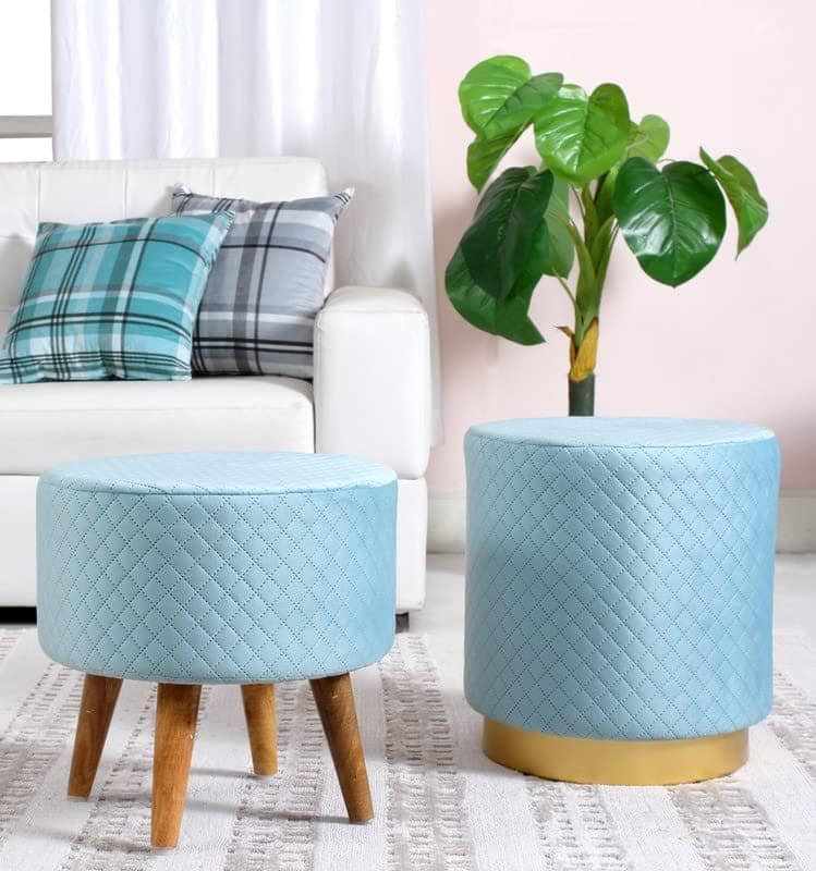 Shadowkart Ottoman Pouffes Sitting Mudda Puffy Stool for Living Room Dressing Table Pouf Round Footstool for Office Home Decor, Check Holland Velvet ,16x16x17 Inch