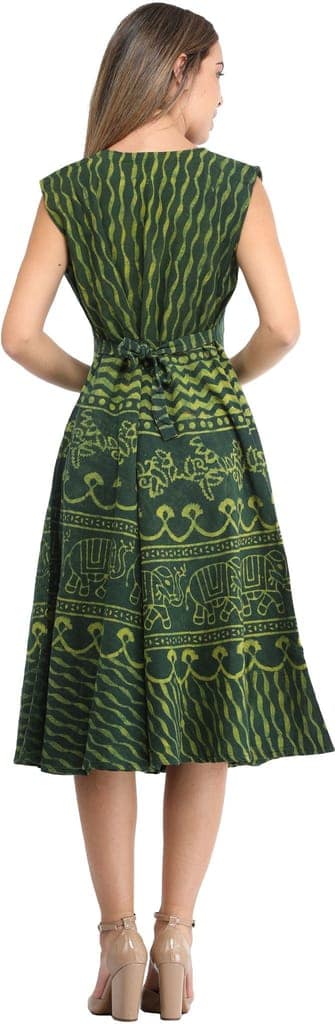 Hunter-Green Summer Dress with Block-Printed Elephants and Dori on Back view 3
