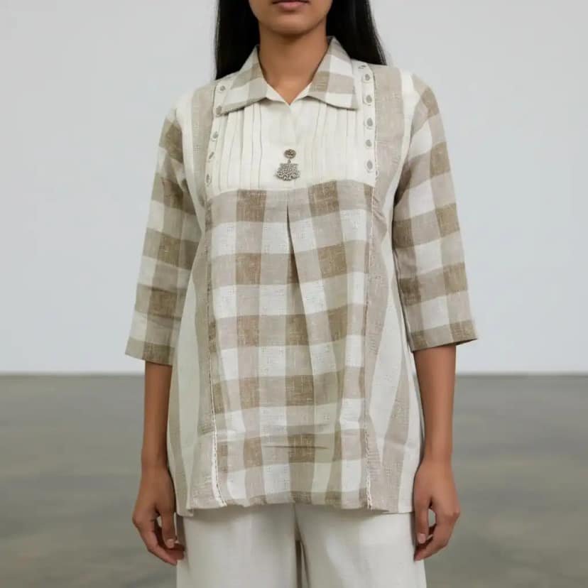 Handloom Cotton Co-Ord Set with Mirror Work and Pockets in Cream Beige view 4