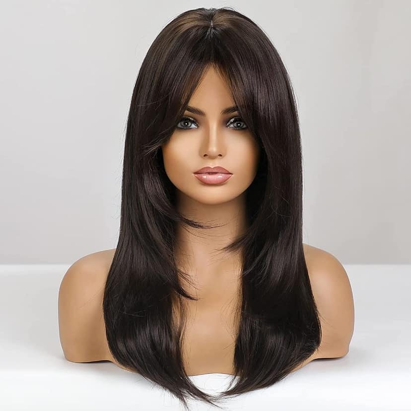 Akashkrishna Long Dark Brown Hair Wigs for Women, Synthetic Hair Wig with Bangs for Daily Use With Comb view 2