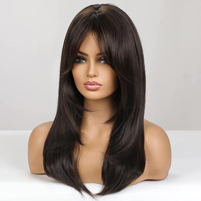 Akashkrishna Long Dark Brown Hair Wigs for Women, Synthetic Hair Wig with Bangs for Daily Use With Comb view 3