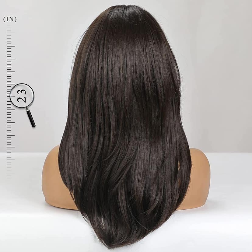 Akashkrishna Long Dark Brown Hair Wigs for Women, Synthetic Hair Wig with Bangs for Daily Use With Comb view 4