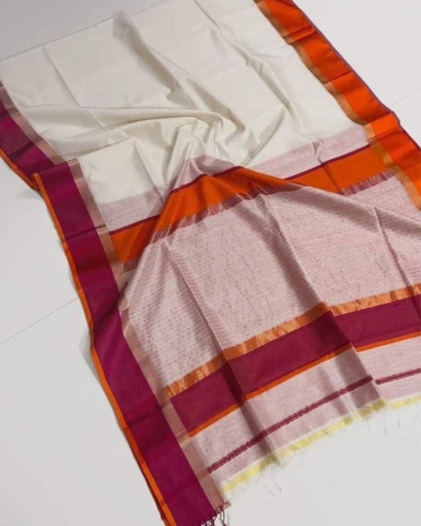 Pure Maheshwari Handloom Handwoven Silk Saree White Color Zari Border with running blouse-2358 view 2