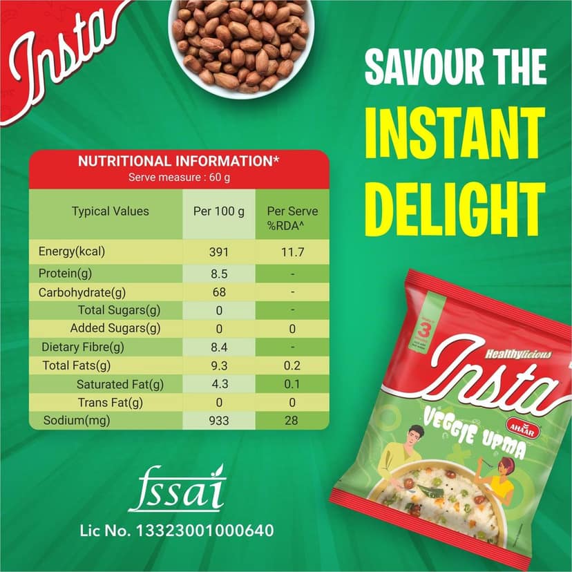 Insta Ahaar Veggie Upma - 60g | Ready-to-Eat | Instant Snack view 7