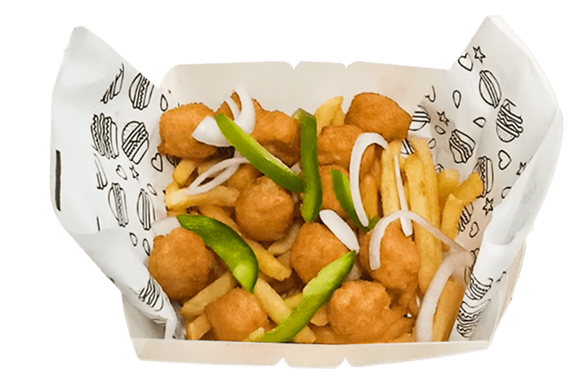French fries + chicken popcorn + schezwan sauce