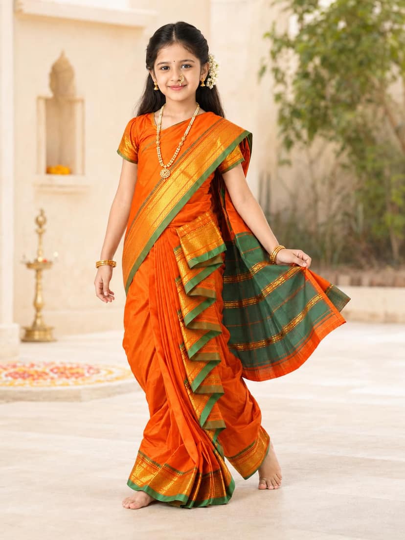 luster Shahi Mastani Nauvari saree for kids/girls Ready-to-wear with a stitched blouse, Traditional Maharashtrian Marathi saree, for School program ganpati pujas festival (Mustard, 15-16 Years) view 2
