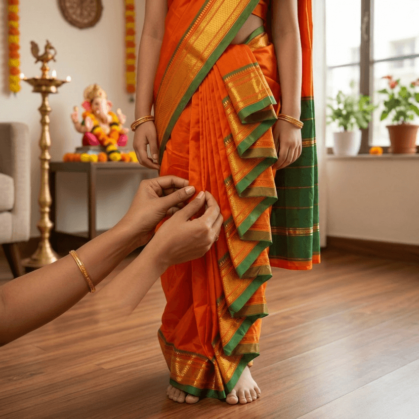 luster Shahi Mastani Nauvari saree for kids/girls Ready-to-wear with a stitched blouse, Traditional Maharashtrian Marathi saree, for School program ganpati pujas festival (Mustard, 15-16 Years) view 3