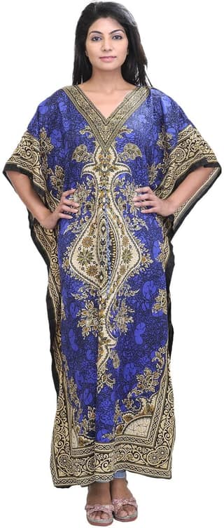 French-Blue Long Printed Kaftan with Dori at Waist