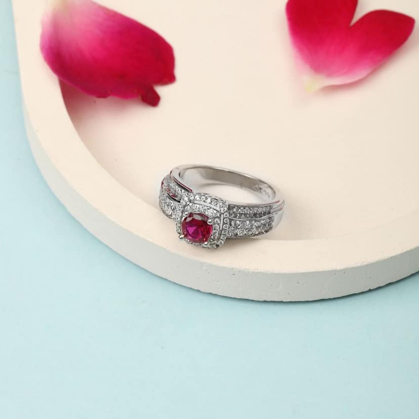 Sterling Silver Pink Gemstone Ring for Women | Halo Design with Cubic Zirconia Accents | Elegant Statement Jewelry I Weight - 5.34 g view 2