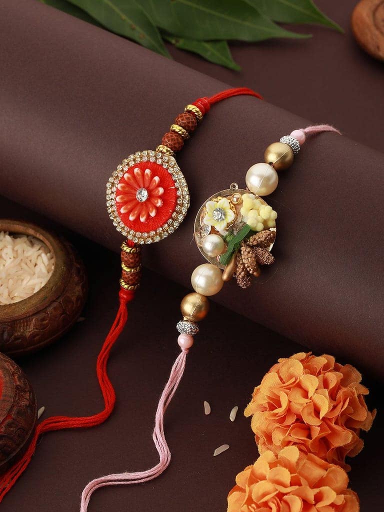 Set Of 2 Kundan & Pearl Beaded Statement Rakhi with Roli Chawal