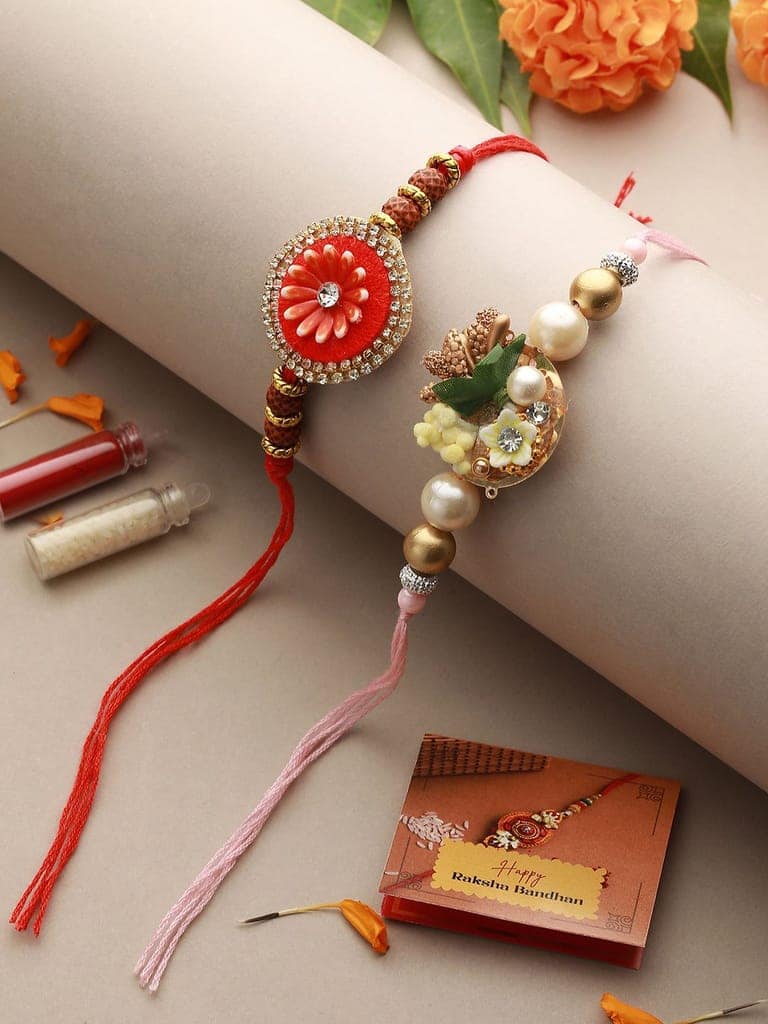 Set Of 2 Kundan & Pearl Beaded Statement Rakhi with Roli Chawal view 2