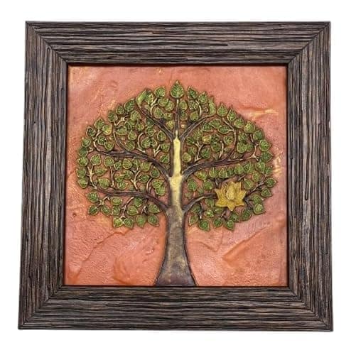 Traditional Indian Wall Art, Orange Tree of Life Clay Plaque, Hand-painted, 25 cm Diameter, Wall Mount Home Decor - Size(20 * 20cm)
