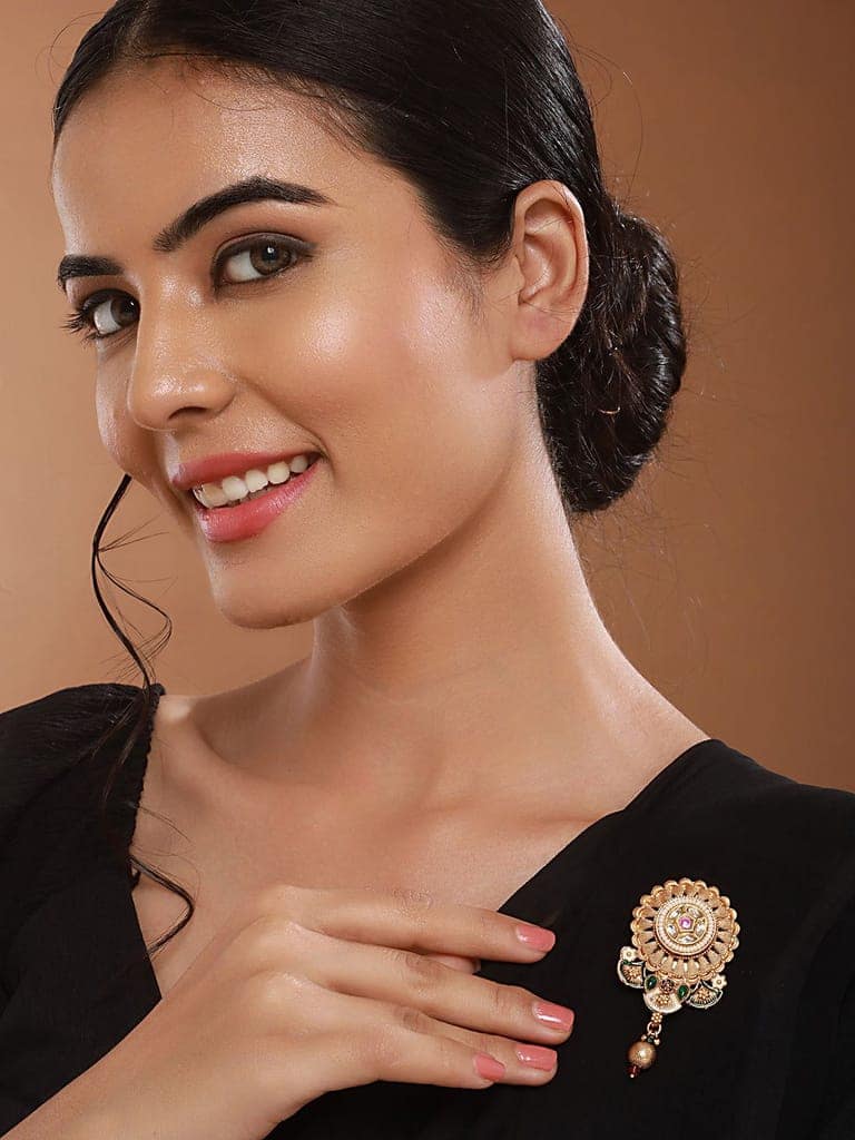 Gold Plated Kundan & Pearl Beaded Floral Broach Saree Pin view 3