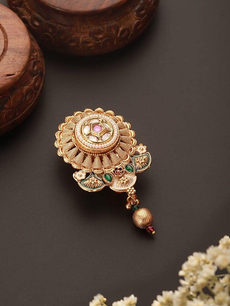 Gold Plated Kundan & Pearl Beaded Floral Broach Saree Pin view 5