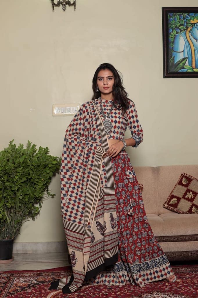 Cotton Lehanga Handblock Printed Silver Pink Color and Top With Mulmul Dupatta (Size 34-46)-3625