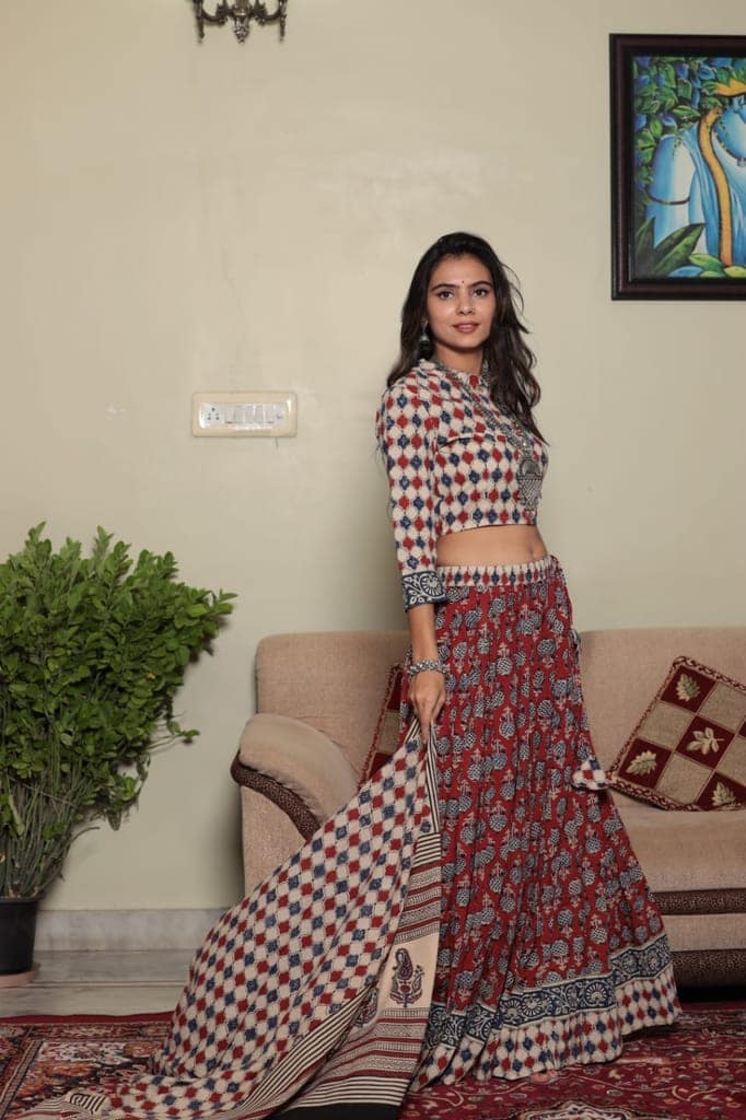 Cotton Lehanga Handblock Printed Silver Pink Color and Top With Mulmul Dupatta (Size 34-46)-3625 view 2