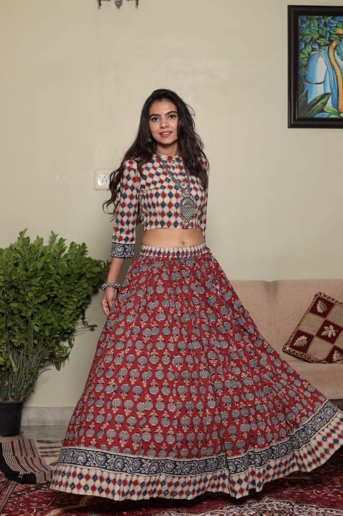 Cotton Lehanga Handblock Printed Silver Pink Color and Top With Mulmul Dupatta (Size 34-46)-3625 view 4