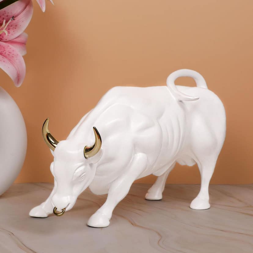 Artarium Abstract Art Bull Showpices for Living Room | Charging Bull Statue | Sculpture Ornament Animal Figurines for Table Decor, Gifting, Home Decoration, Car Accessory (1 Piece) (White)
