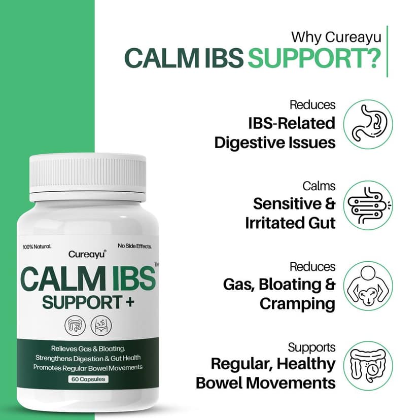 Cureayu Calm IBS Support Capsules | For Digestive & Gut Health | Supports Regular Bowel Movements, Relieves Gas & Bloating view 2