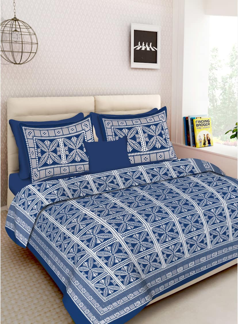 Lali Prints Jaipuri Blue Ethnic Motifs Cotton 130 TC Queen Bedsheet With 2 Pillow Covers
