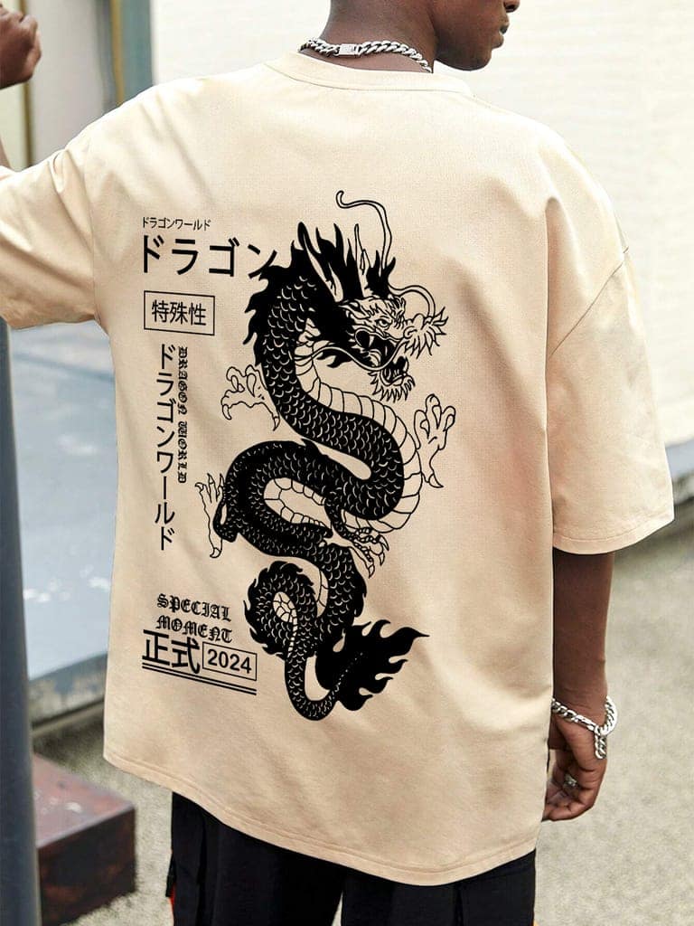 SCOTT FINCHER Men's Streetwear Dragon Graphic T-Shirt : AA(ARN)CREAM_197