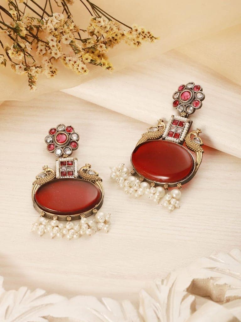 Silver Oxidised Dual Toned Red Stone & Pearl Beaded Peacocok Boho Statement Earrings view 2
