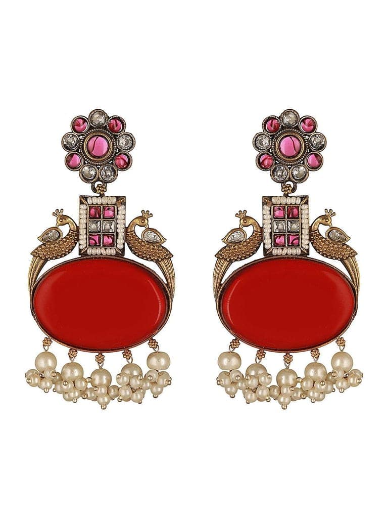 Silver Oxidised Dual Toned Red Stone & Pearl Beaded Peacocok Boho Statement Earrings view 4