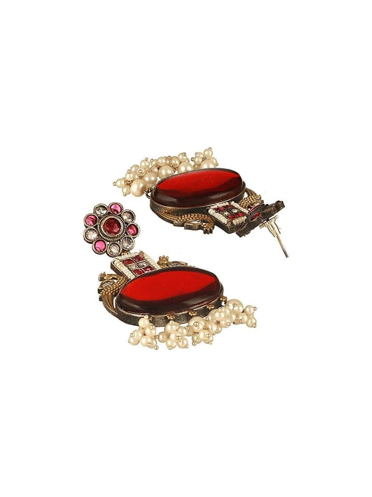 Silver Oxidised Dual Toned Red Stone & Pearl Beaded Peacocok Boho Statement Earrings view 5