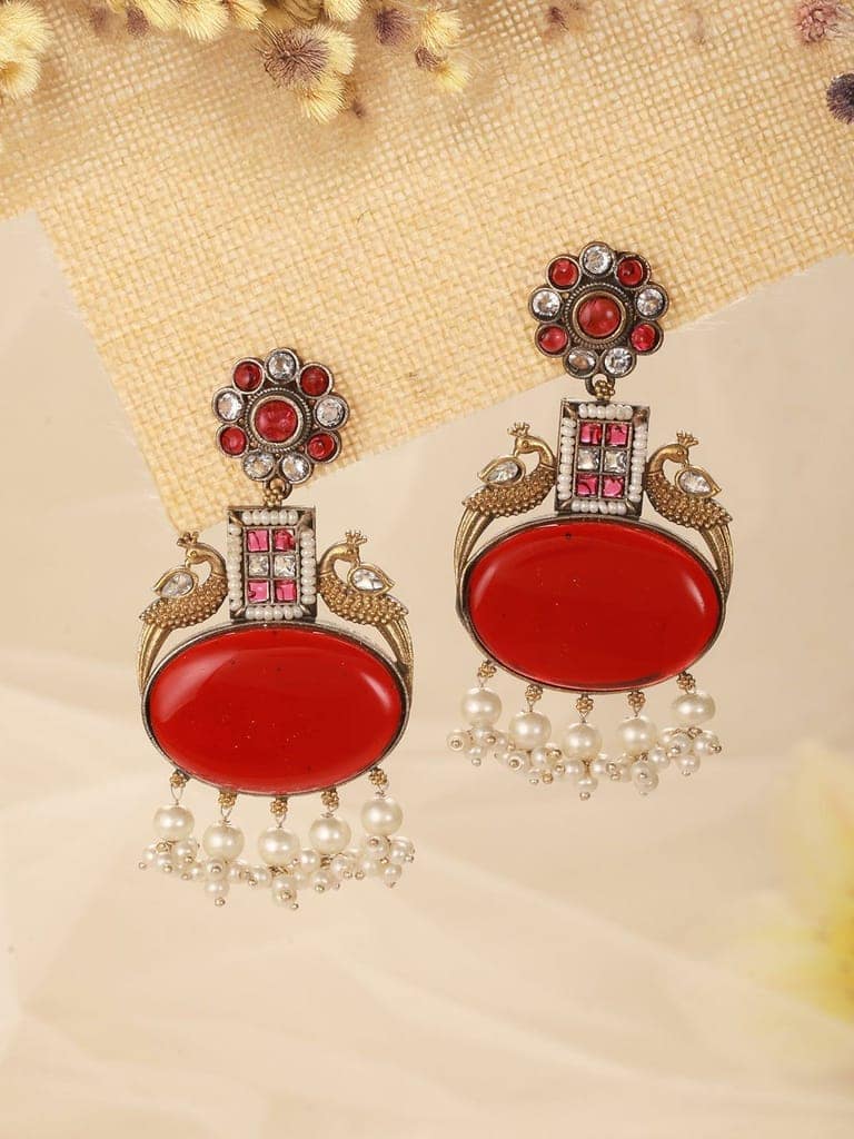 Silver Oxidised Dual Toned Red Stone & Pearl Beaded Peacocok Boho Statement Earrings view 6
